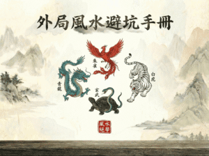 陽宅四勢圖解：左青龍右白虎前朱雀後玄武方位示意圖。