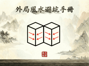 尖射煞圖解：對面大樓牆角形成銳角，正對陽宅之煞氣。