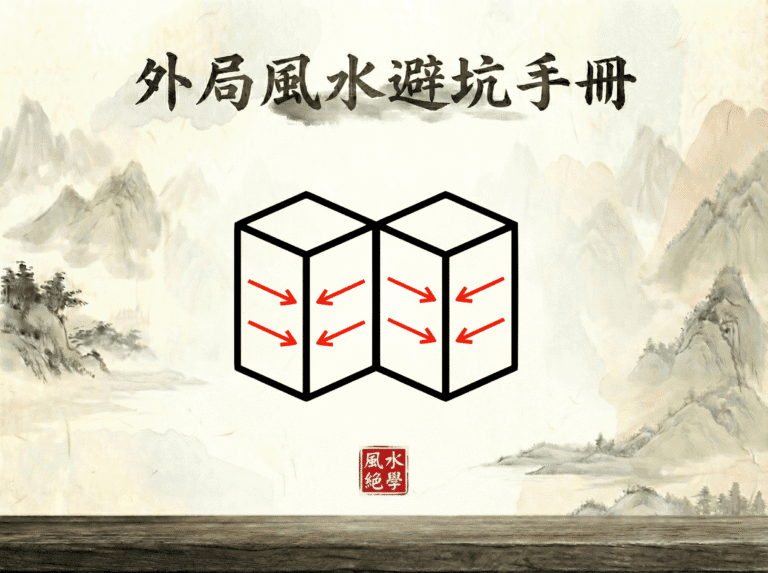 尖射煞圖解：對面大樓牆角形成銳角，正對陽宅之煞氣。